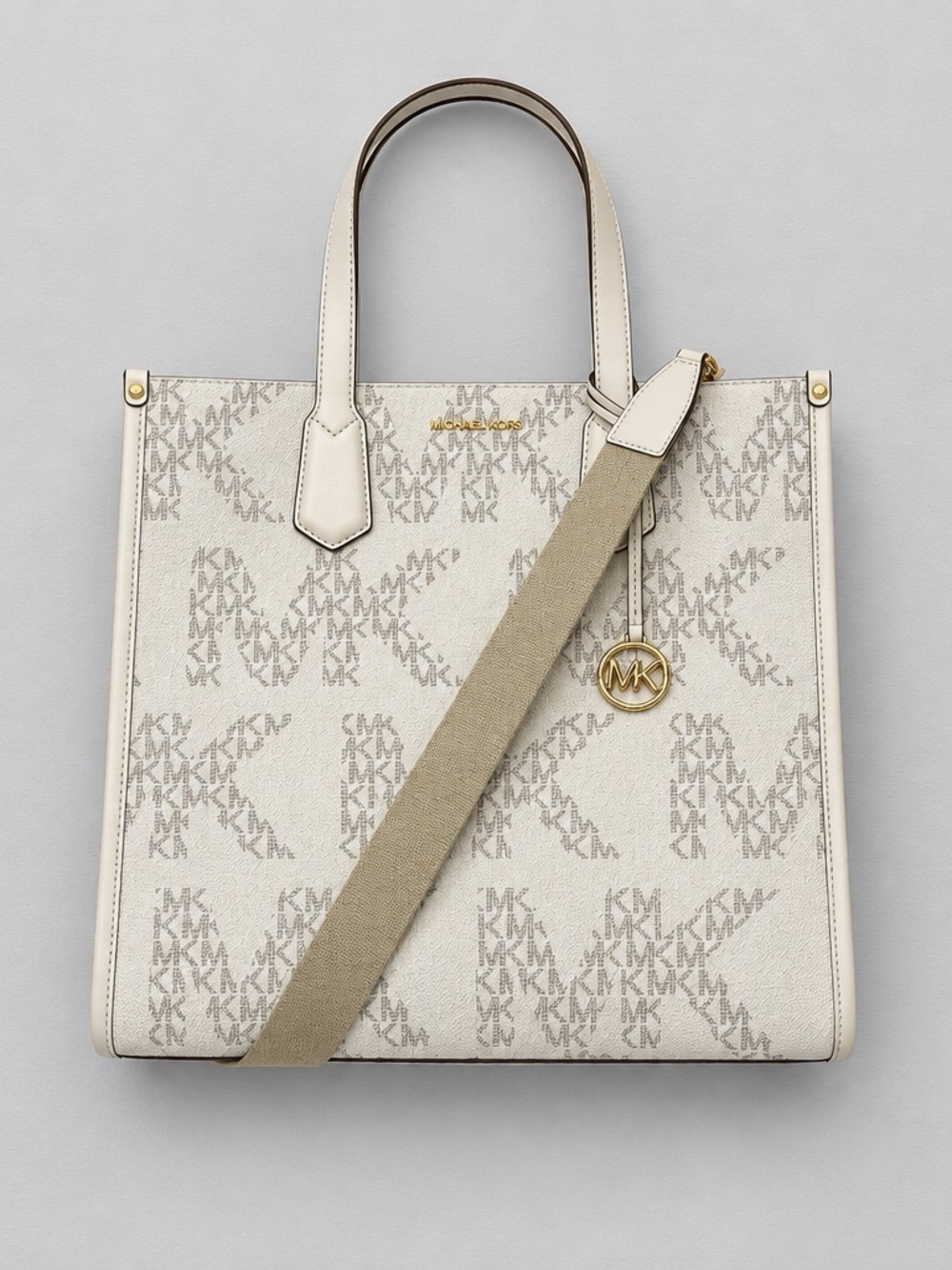 NWT Michael Kors Maple Monogram Large Tote Jet Set Vanilla Cream Canvas Strap